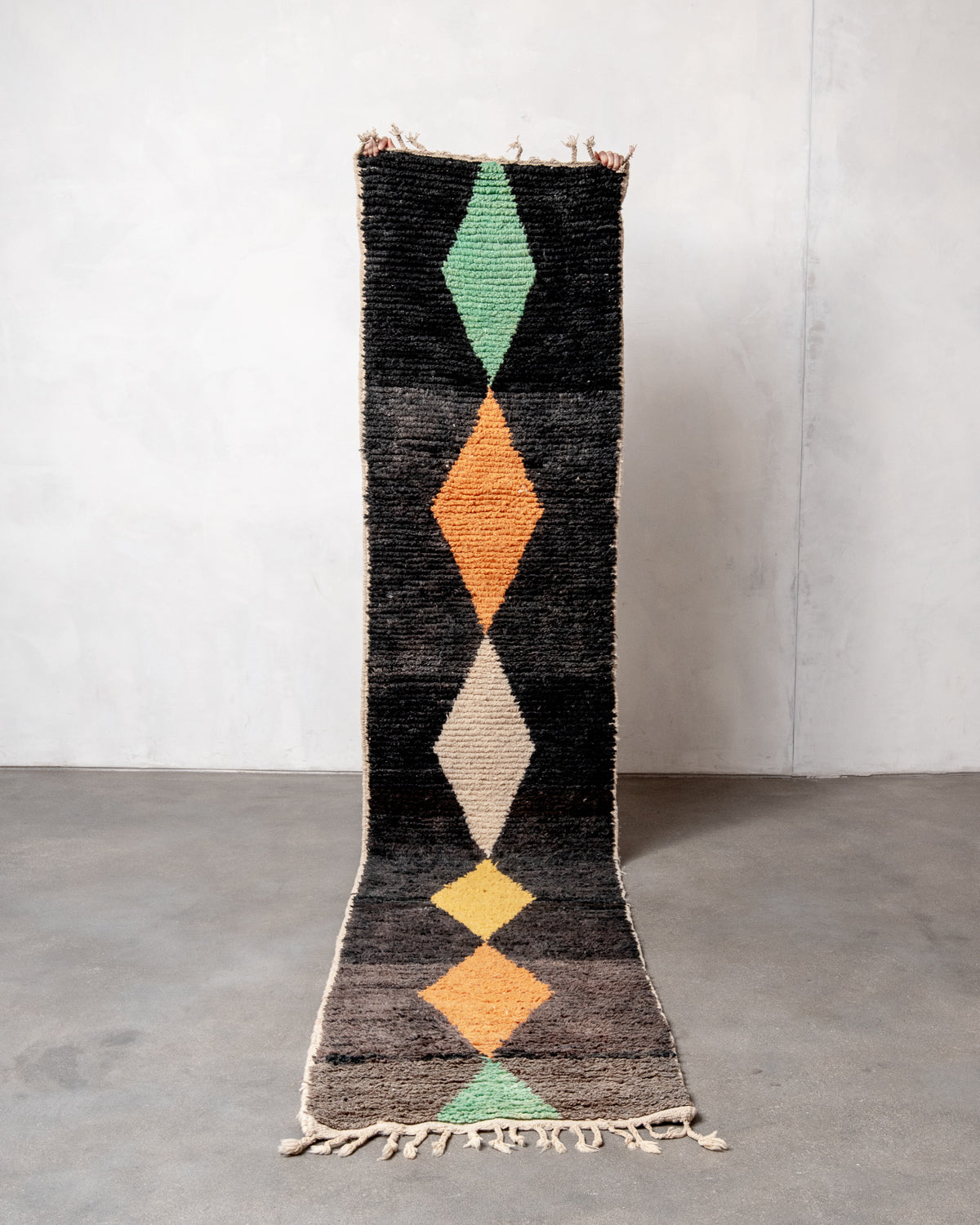 Modern, designer, handcrafted Berber runner rug from Morocco. Vintage carpet with beautiful colours and patterns and fluffy texture.